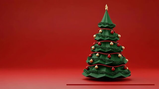 Minimalist Christmas tree on a red background. Holiday decoration for Winter festive season. Simple cheerful display for greeting card.