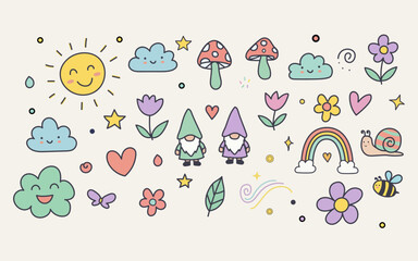 Cute Whimsical Garden Gnomes and Nature Doodle Collection with Sun Rainbow and Flowers