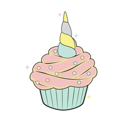 Unicorn Cupcake with Pastel Frosting Sprinkles and Rainbow Horn
