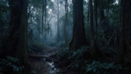 Obraz premium Eerie Forest Scene with Mist and Dense Vegetation.