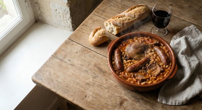 Hearty Cassoulet Stew with Crusty Bread and Red Wine.