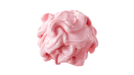 A pink, organic fluid shape morphing into a clay blob suspended in air, smooth and glossy texture on a plain white background