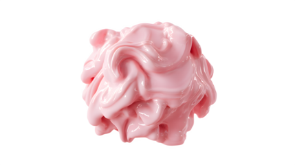 A pink, organic fluid shape morphing into a clay blob suspended in air, smooth and glossy texture on a plain white background