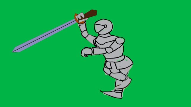 Knight in silver armor swinging sword powerfully on green screen chromakey background. Ideal for 2d animated cartoon animation medieval, battle, or fantasy hero action scenes.