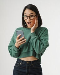 A young woman expresses pure shock while staring intently at her mobile device. 