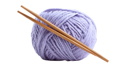 Soft lavender ball of knitting yarn with wooden needles on white background for crafting hobbies and leisure activities at home with a matte finish