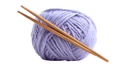 Soft lavender ball of knitting yarn with wooden needles on white background for crafting hobbies and leisure activities at home with a matte finish