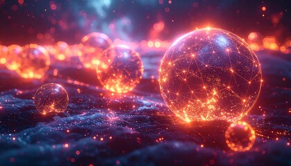 Futuristic digital landscape with glowing spheres connected by lines floating above a rippling, cosmic environment. The color palette is primarily orange and blue