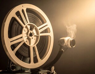 Obraz premium Old-fashioned film reel projector releasing steam and light