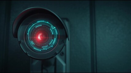 A security camera with a glowing red light is mounted on a wall in a dark environment