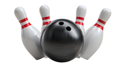 A black bowling ball and three white pins with red stripes on a plain white background, perfect for sports and leisure concepts