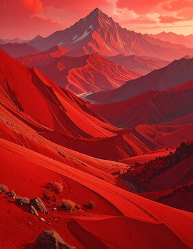 Red Desert Landscape with Majestic Snow capped Mountain and Dramatic Sky