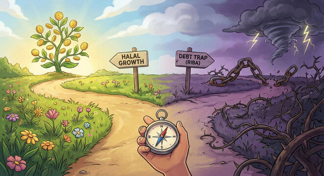 Illustration of Two Paths: Halal Growth Tree vs Debt Trap Storm