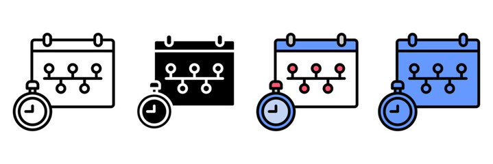 Planning Schedule Icon Set Multiple Style Collection. Calendar, Clock, Notebook, Checklist, Meeting, Reminder, Task List, Planner, Deadline, Appointment, Goal, Event, Priority, Progress, Strategy, Age
