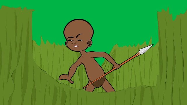 Primitive boy with spear hunting in grass on green screen chromakey background. Ideal for 2d animated cartoon animation prehistoric, survival, or adventure tribal scenes.