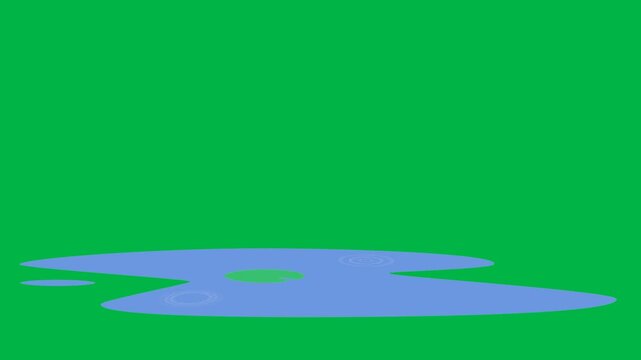 Blue water puddle spreading on floor on green screen chromakey background. Great for 2d animated cartoon animation spill, leak, wet, or accident effects in comedy or household scenes.