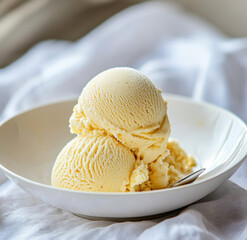 Spiced Honey Ice Cream Scoops Served In White Bowl With Smooth Texture
