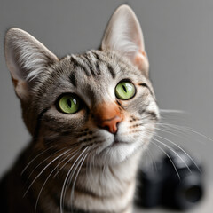Cute cat front view green eyes tabby fur whiskers curious expression indoor closeup portrait