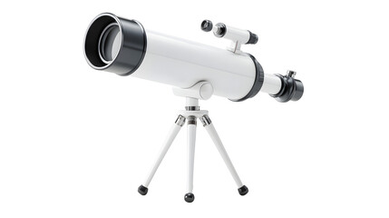 A cute astronomical telescope on a tripod with a short matte white tube standing alone on a plain white background for stargazing and astronomy hobby