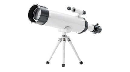 A cute astronomical telescope on a tripod with a short matte white tube standing alone on a plain white background for stargazing and astronomy hobby