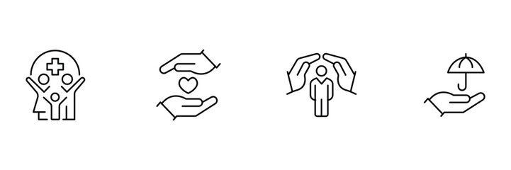 Insurance care icon set, family health protection, hands holding heart, personal safety support, umbrella coverage service outline vector illustration.