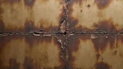 Close-up of weathered metal plates with rusty seams and textures.