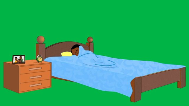 Person sleeping peacefully in bed with nightstand on green screen chromakey background. Ideal for 2d animated cartoon animation rest, night, dream, or relaxation bedtime scenes.
