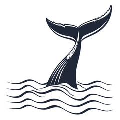 Navy whale tail silhouette above wavy water lines navy blue © shahin