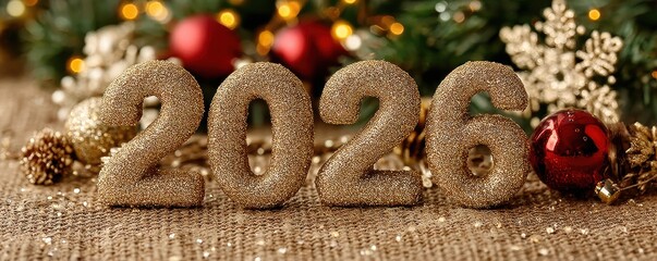 Golden 2026 numbers on a glittering gold background with festive ornaments and Christmas mood