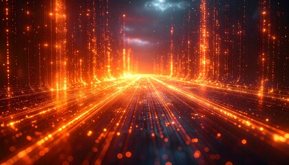Futuristic digital pathway lit by bright orange lights, creating a sense of forward motion and technological advancement