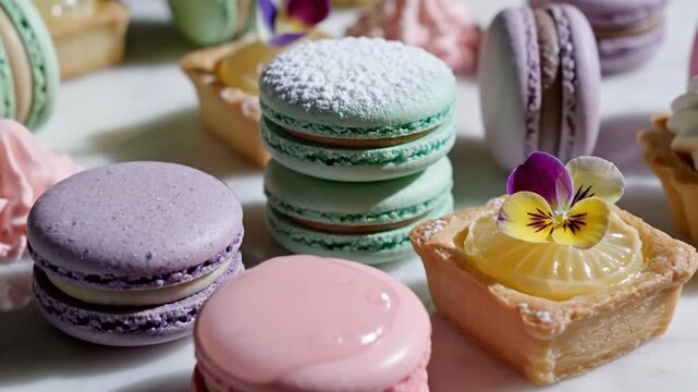 Colorful macaroons arranged on a wooden table
