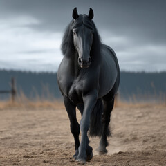 Obraz premium Majestic black horse walking on sandy ground with muscular build, long mane, and intense gaze under cloudy sky outdoors