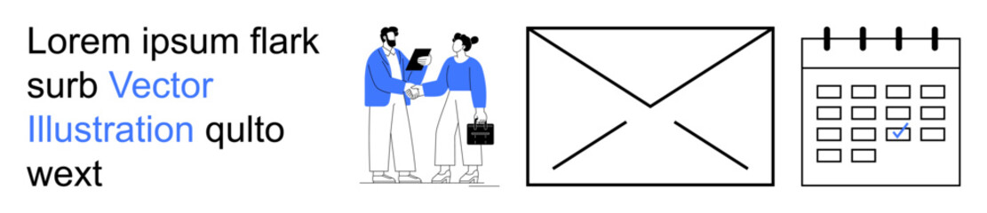 Business communication, teamwork, scheduling, email, planning, corporate concepts. Two people interacting, envelope calendar illustration. Business communication and teamwork illustration