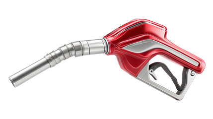 A stylized red and silver gas pump nozzle handle on a white background, featuring a matte red finish with metallic silver details