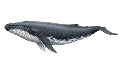 Grayscale illustration of a humpback whale swimming