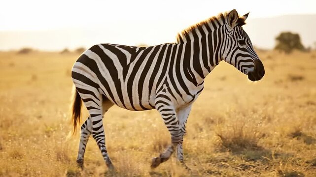 A zebra gracefully roams a sunlit grassland at sunset.