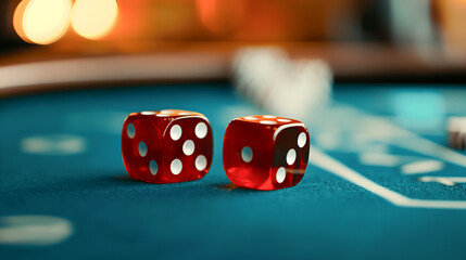 Two red dice with white dots are placed on a green felt surface, capturing the excitement of a casino game, with blurred lights creating a vibrant atmosphere