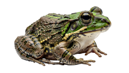 Close-up of a green and brown frog on white background