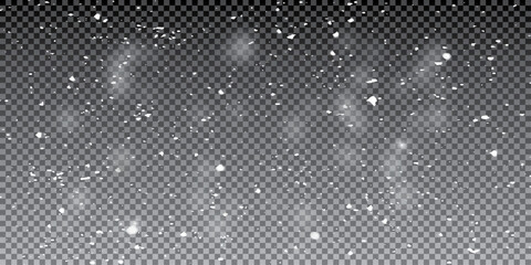 Vector snow falling from above. Snowfall on isolated transparent background. Christmas or winter background. Snow or snowflakes