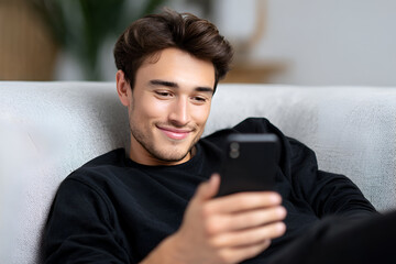 Young man with dark hair, wearing black sweater, is sitting on a couch, smiling while using smartphone, showcasing relaxed lifestyle and modern technology engagement