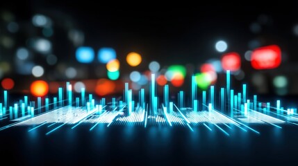 Dynamic sound visualization display urban nightscape digital art vibrant environment low angle view abstract concept for modern technology