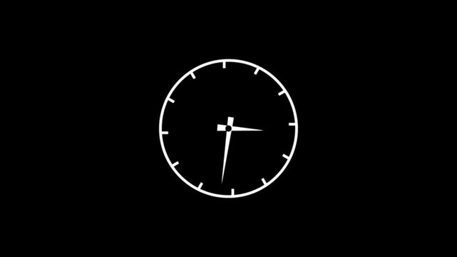 Icon symbolizes hours, minutes, and time tracking. Clock visual highlights punctuality and time management.White minimalist clock face with hands on a black background.