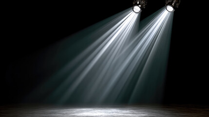 Two white spotlights shining down on empty stage with dramatic lighting and visible light beams in dark theater atmosphere