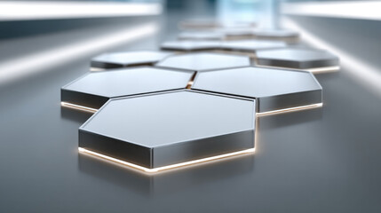 Futuristic hexagon tile metallic surface glowing edge modern technology abstract pattern clean minimal geometric design