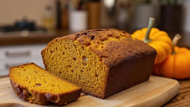 Freshly baked pumpkin bread with seasonal decor in a cozy kitchen.
