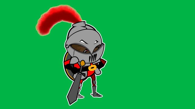 Roman soldier walking confidently with sword on green screen chromakey background. Suitable for 2d animated cartoon animation patrol, march, or historical character movement.