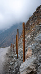 Mountain road cliffside construction rocky overcast safety metal rural