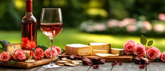 Wine and cheese picnic celebration garden setting high-quality food photography vibrant atmosphere close-up view culinary delight