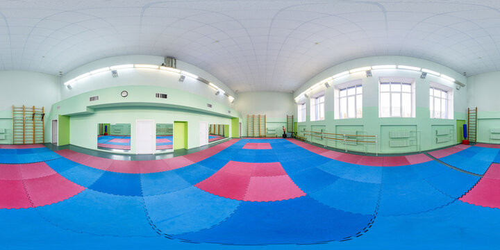 Big modern fitness gym, sport equipment full 360 degree panorama in equirectangular spherical projection
