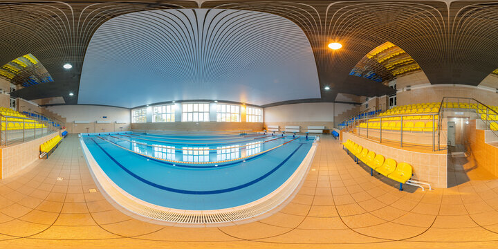 seamless spherical hdri 360 panorama in interior of modern swimming pool in elite sport center in equirectangular projection.